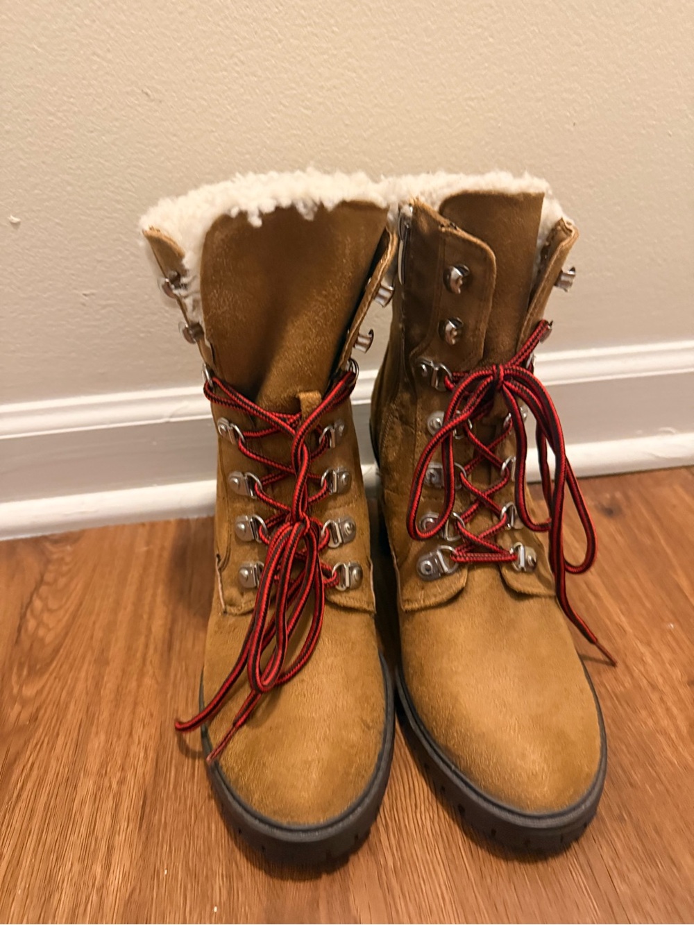Nine West Tan Faux-Suede Winter Boots with Red Laces